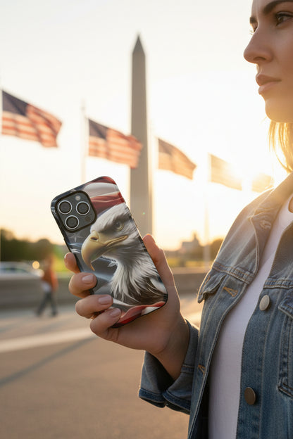 A person holding a phone with an eagle American flag case in front of the Washington Monument.