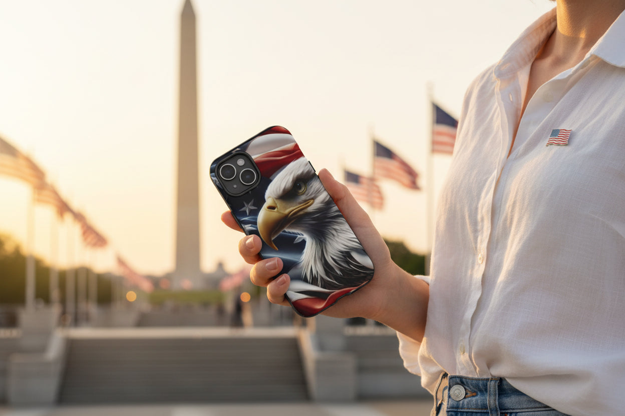 Phone case with American flag and bald eagle design.