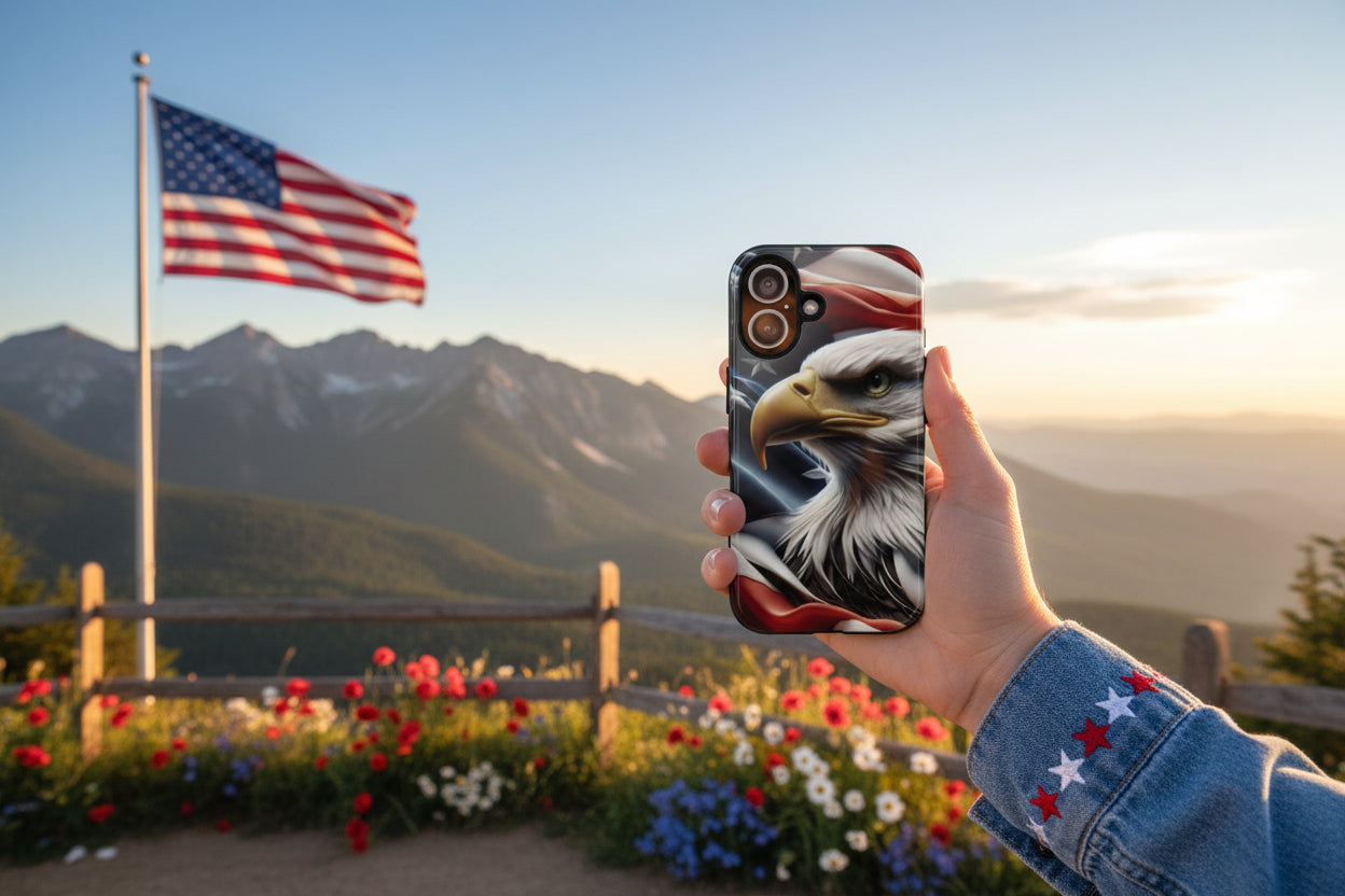 Phone case with an eagle and American flag design.