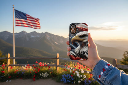Phone case with an eagle and American flag design.