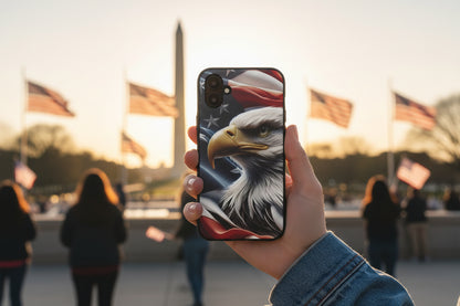 Phone case with an eagle and American flag design.