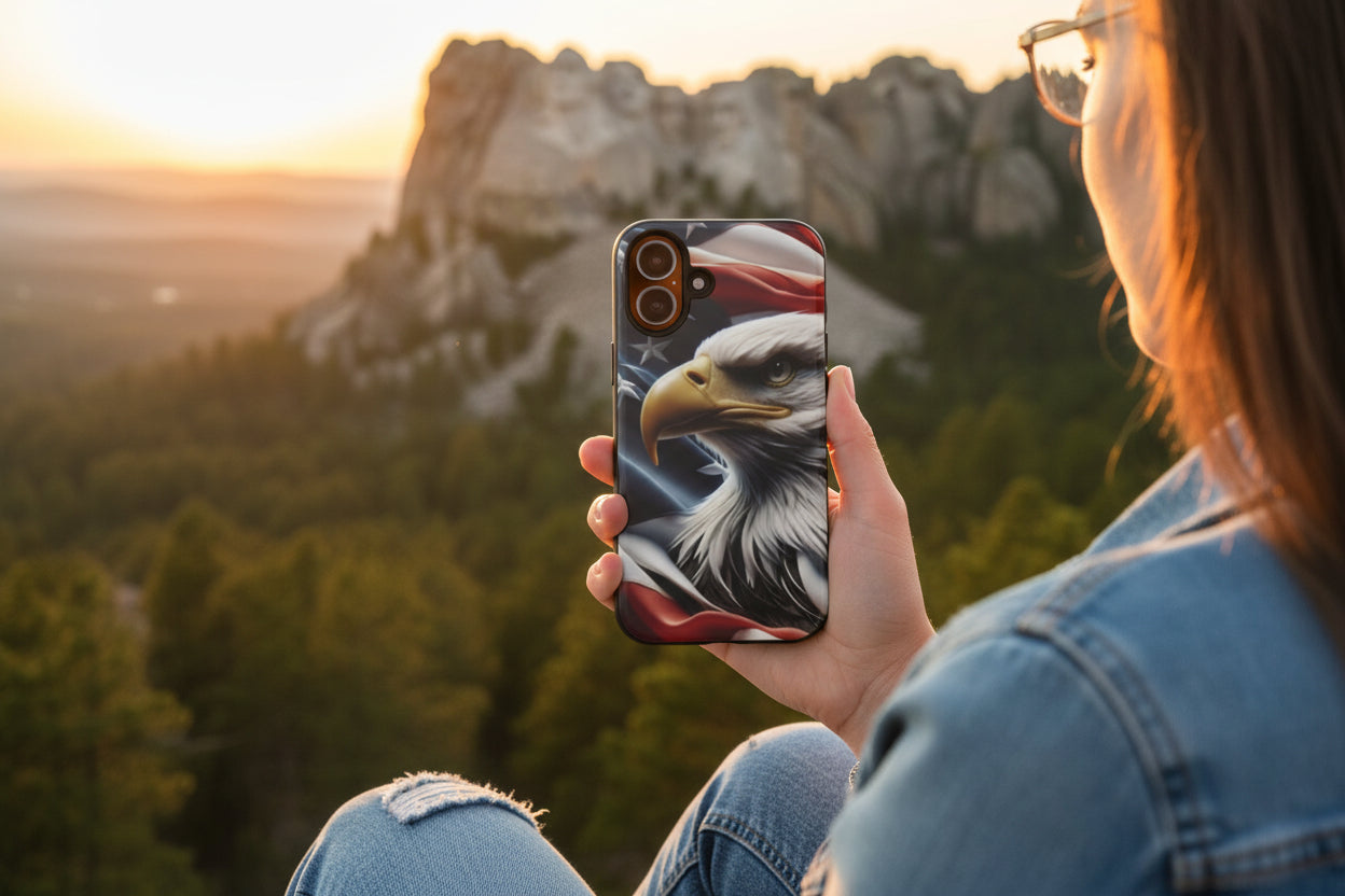 A woman holding a phone with an eagle American flag case, looking at a scenic view of mountains and trees.