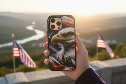 Phone case with an eagle American flag design held by a person, with American flags and a scenic background.