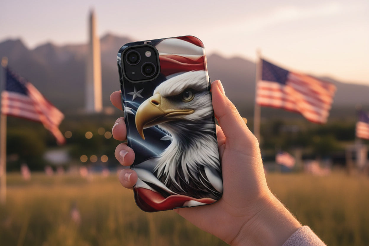 Phone case with bald eagle and American flag design held in front of American flags and mountains.