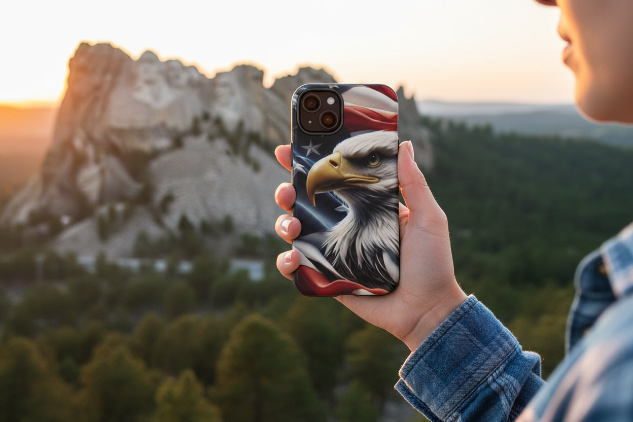 Person holding a phone case with an eagle American flag design in front of a mountain landscape.