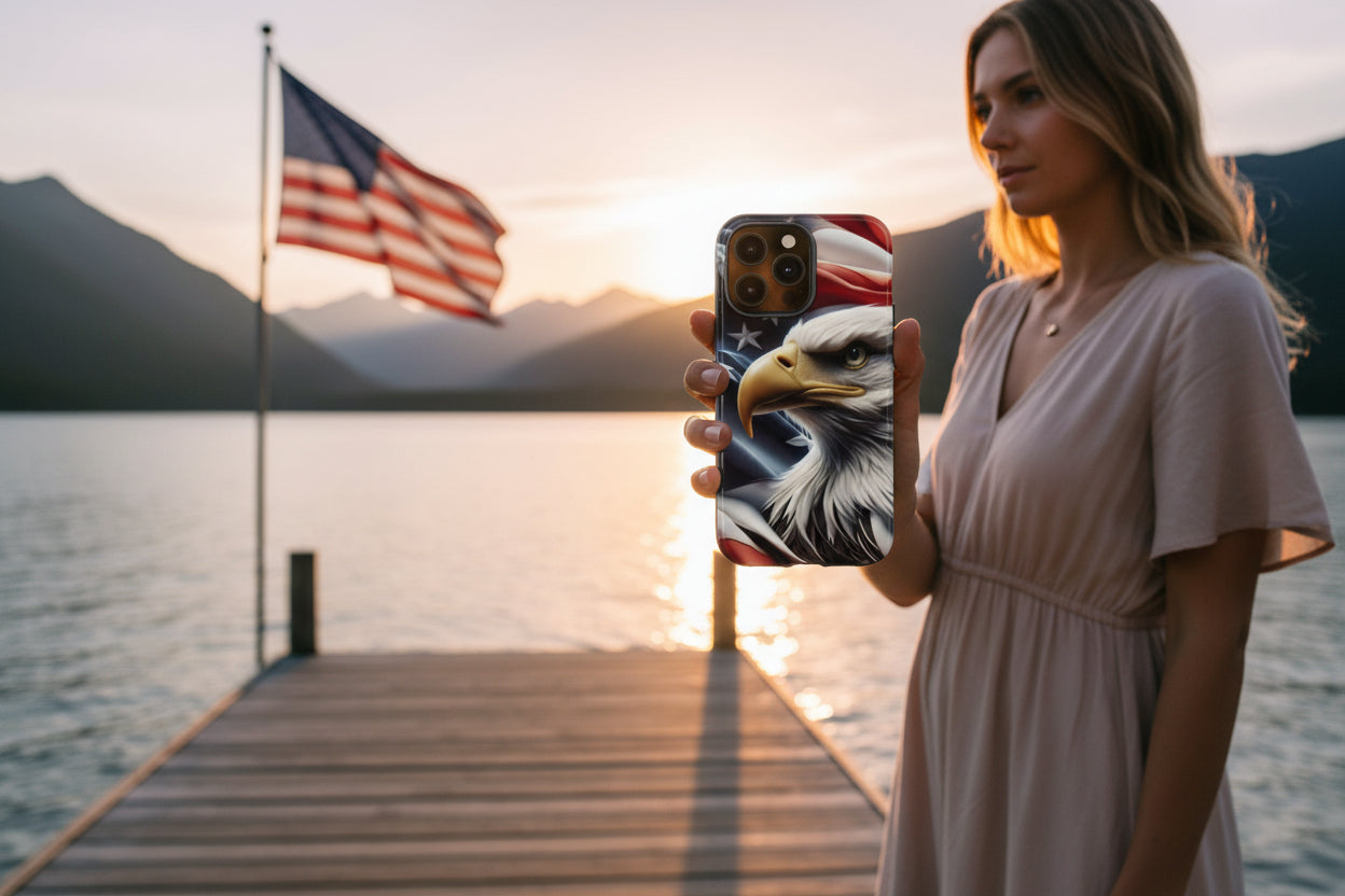 A woman holding a phone case with an eagle image and an American flag on a dock by a lake with an American flag in the background.