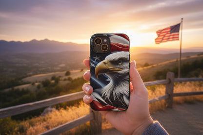 Phone case with an eagle and American flag design.