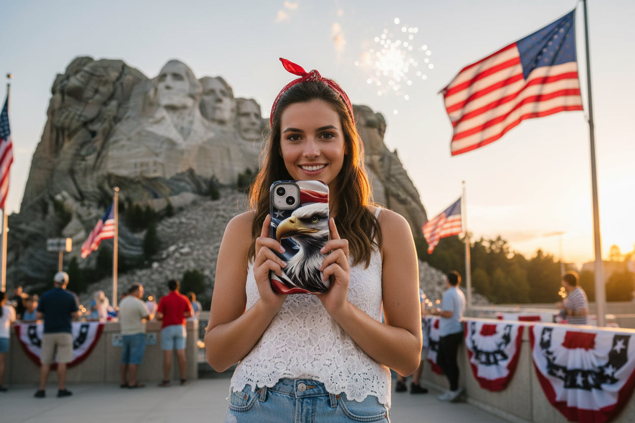A woman holding a patriotic eagle and American flag phone case with Mount Rushmore and American flags in the background.