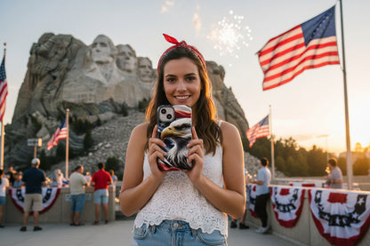 A woman holding a patriotic eagle and American flag phone case with Mount Rushmore and American flags in the background.