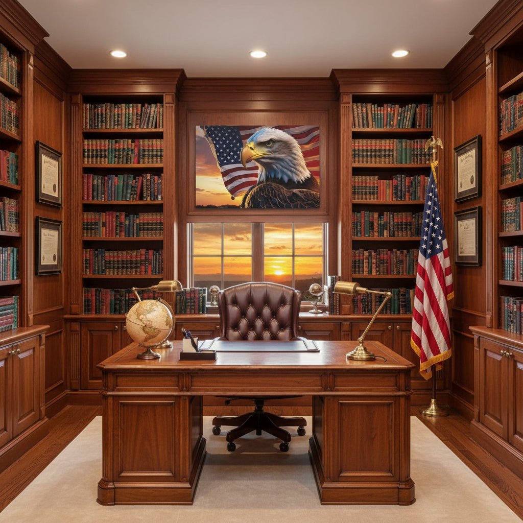 Bald eagle in front of an American flag with a sunset background canvas wall art.