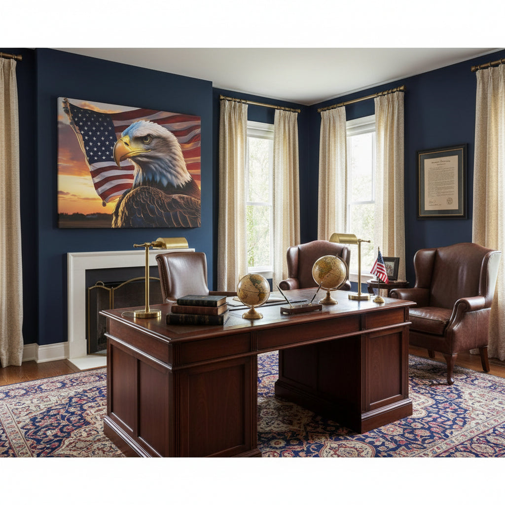 Bald eagle in front of an American flag with a sunset background canvas wall art.