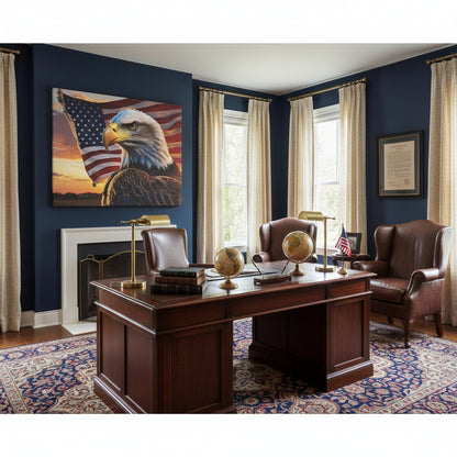 Bald eagle in front of an American flag with a sunset background canvas wall art.