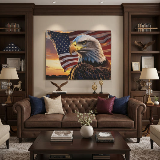 Bald eagle in front of an American flag with a sunset background canvas wall art.