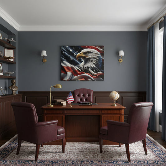 Eagle with American flag in the background canvas wall art