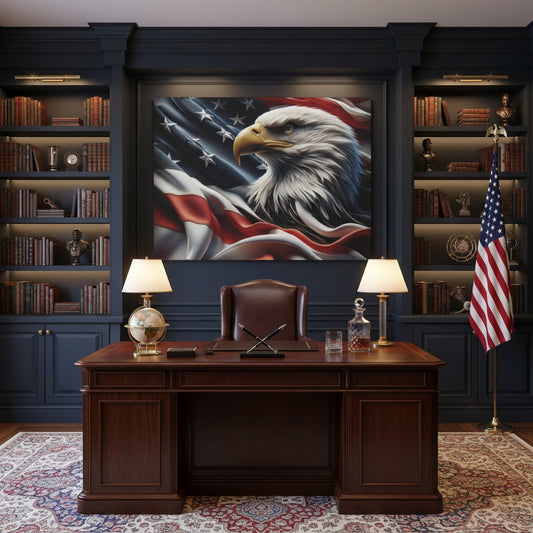 Painting of a bald eagle in front of an American flag in an office setting.