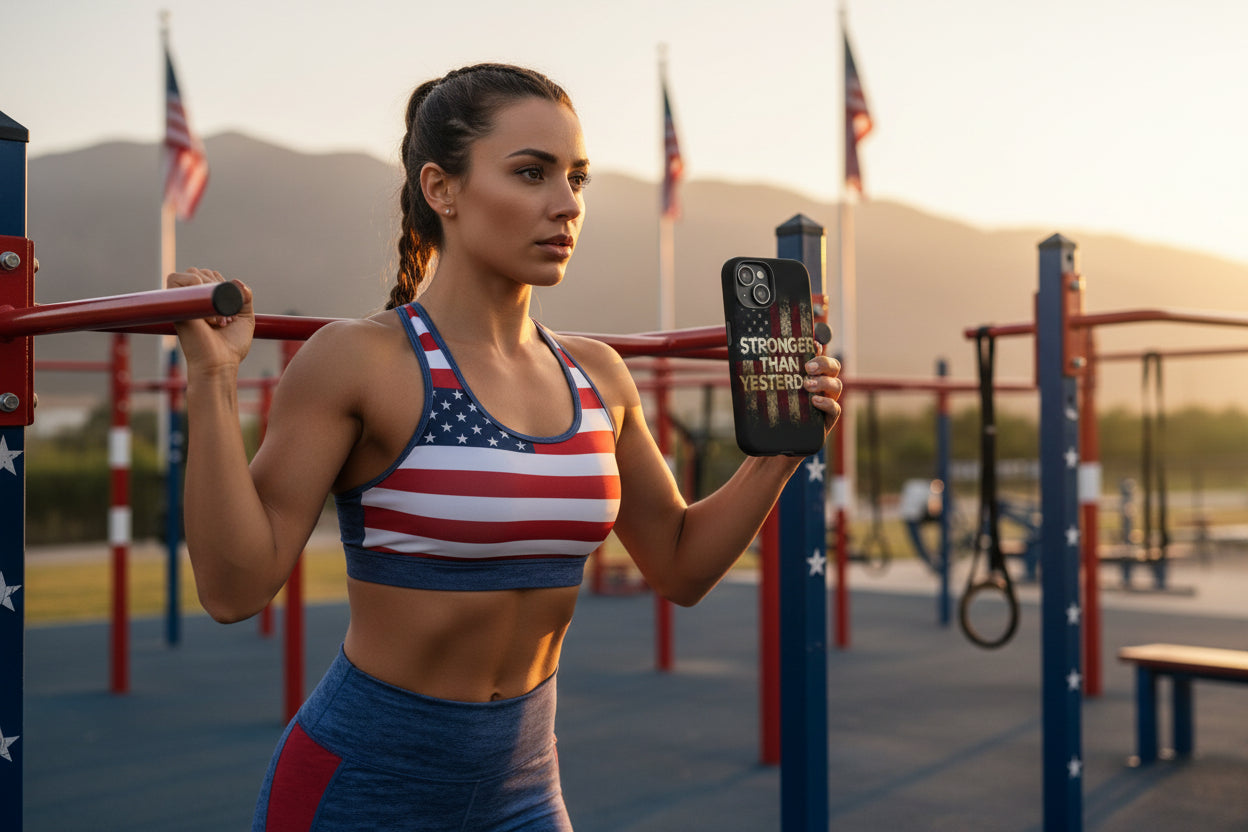 Phone case with vintage American flag design and 'Stronger Than Yesterday' text.
