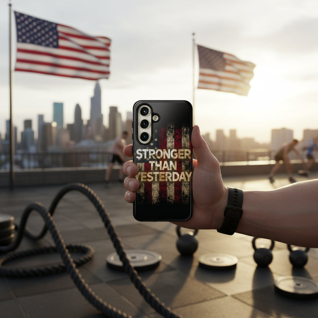 Phone case with 'Stronger Than Yesterday' text and distressed American flag design.