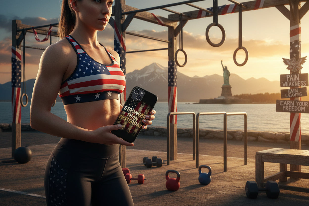 Phone case with vintage American flag design and 'Stronger Than Yesterday' text.