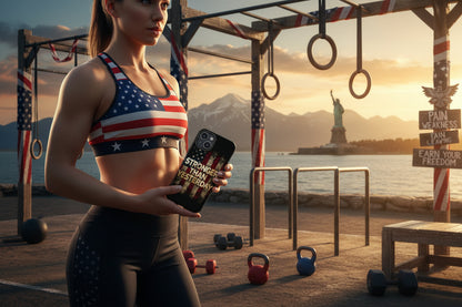 Phone case with vintage American flag design and 'Stronger Than Yesterday' text.