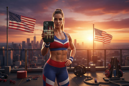 Phone case with a distressed American flag design and Stronger Than Yesterday text.