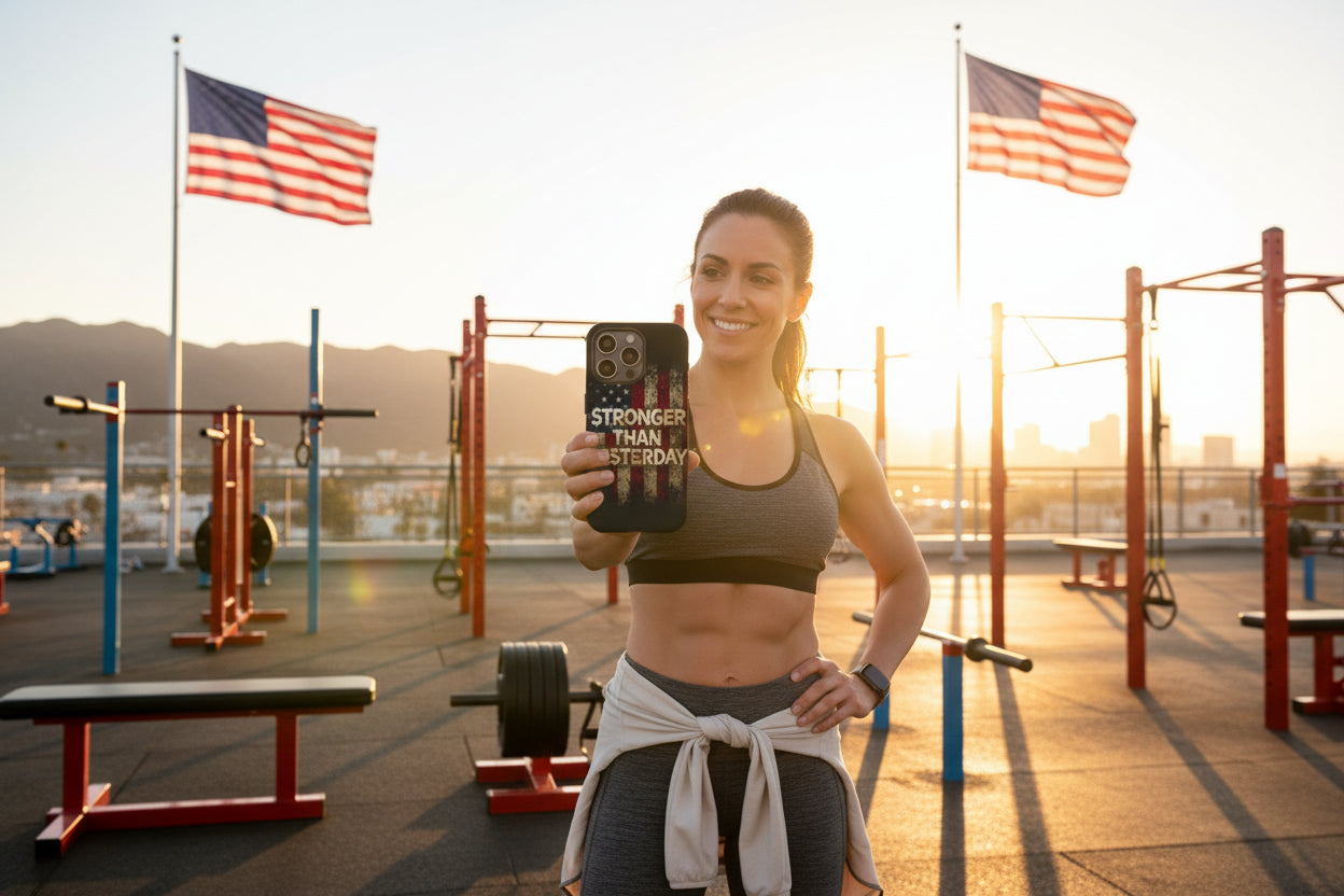 Phone case with American flag design and 'Stronger Than Yesterday' text.