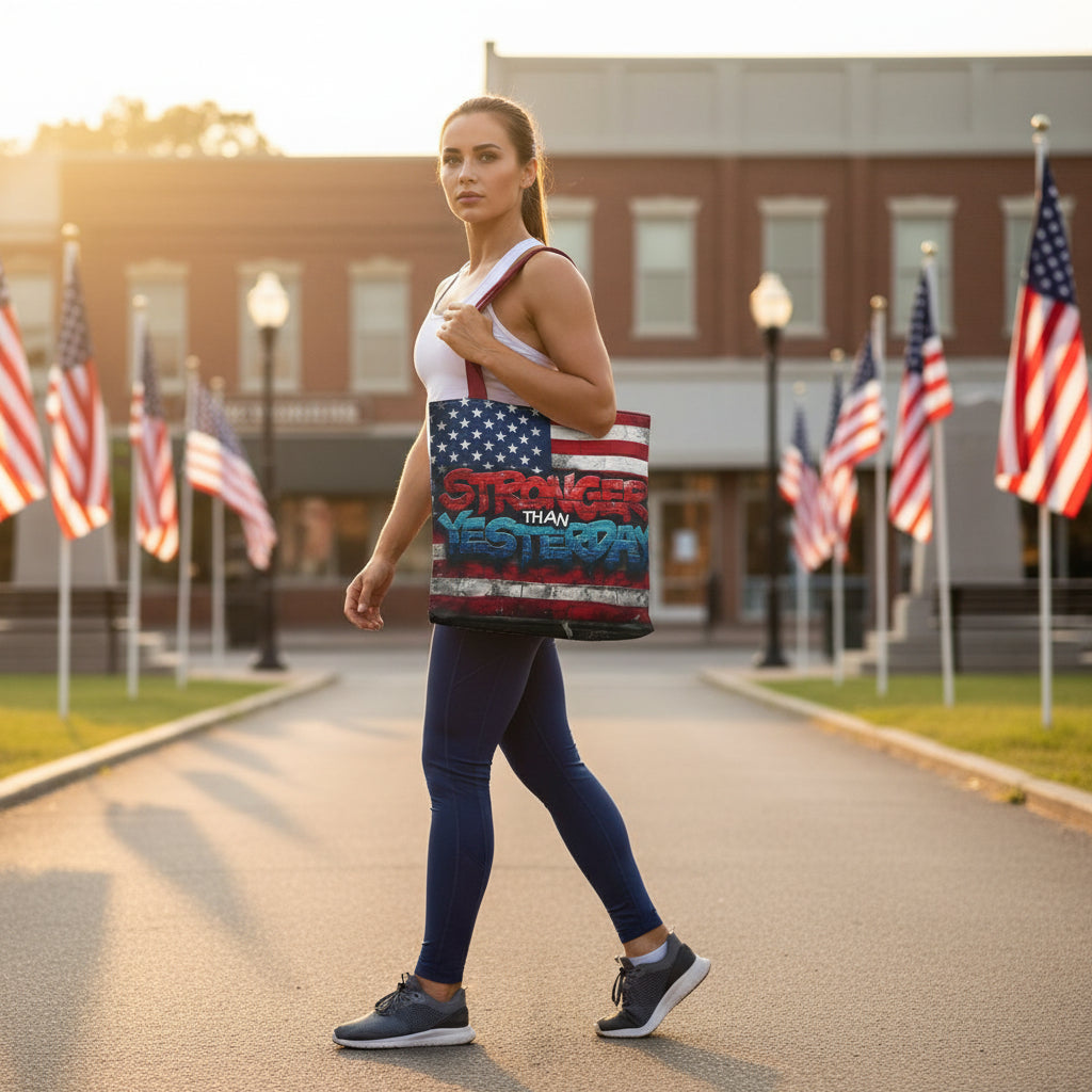 Woman walking outdoors with a Stronger Than Yesterday tote bag featuring an American flag design.