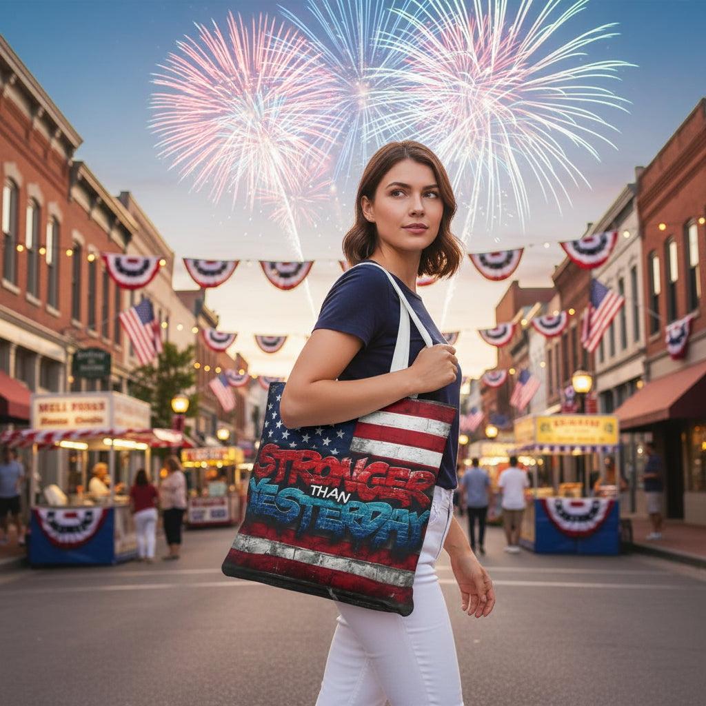 Woman holding a 'Stronger Than Yesterday' tote bag with fireworks and a festive street in the background.