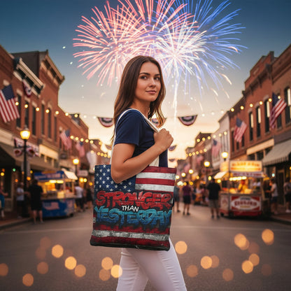 Patriotic Red White Blue Tote Bag - Stronger Than Yesterday - American Flag - Perfect for Fourth of July - Gym - Beach - Shopping - Gifts
