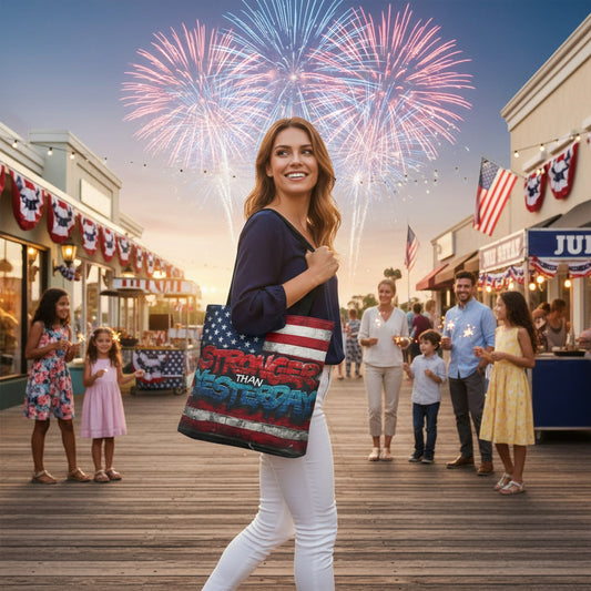 Tote bag with American flag design and 'Stronger Than Yesterday' with fireworks in the background.