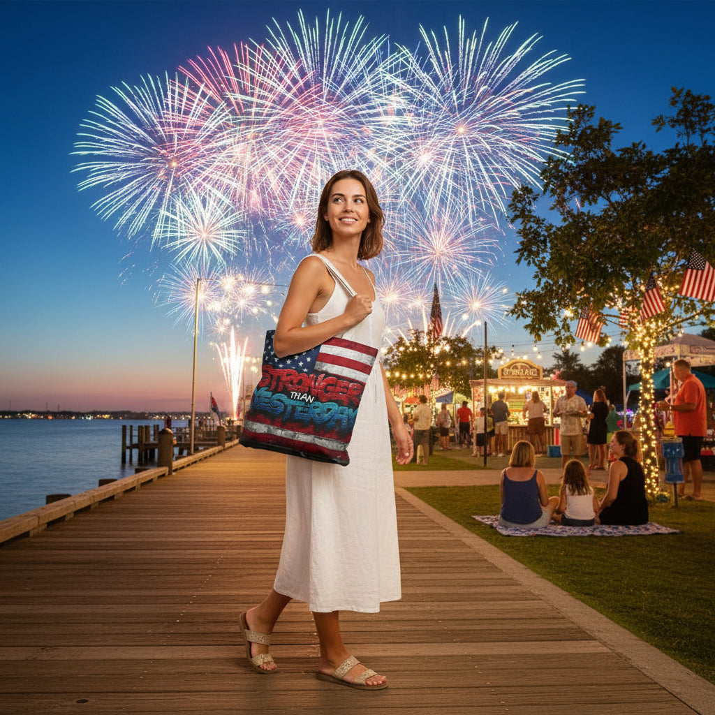 Patriotic Red White Blue Tote Bag - Stronger Than Yesterday - American Flag - Perfect for Fourth of July - Gym - Beach - Shopping - Gifts