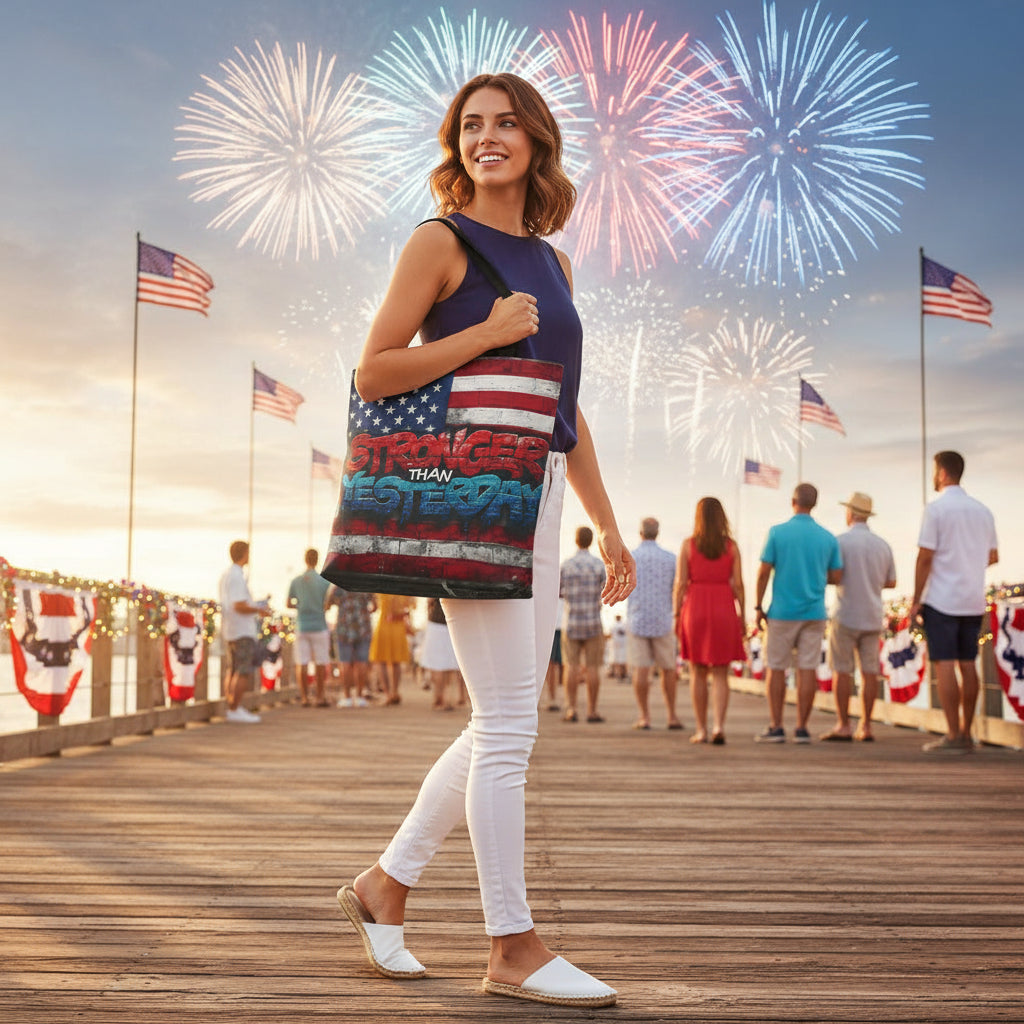 Woman holding a patriotic tote bag, Stronger Than Yesterday, with fireworks and American flags in the background.