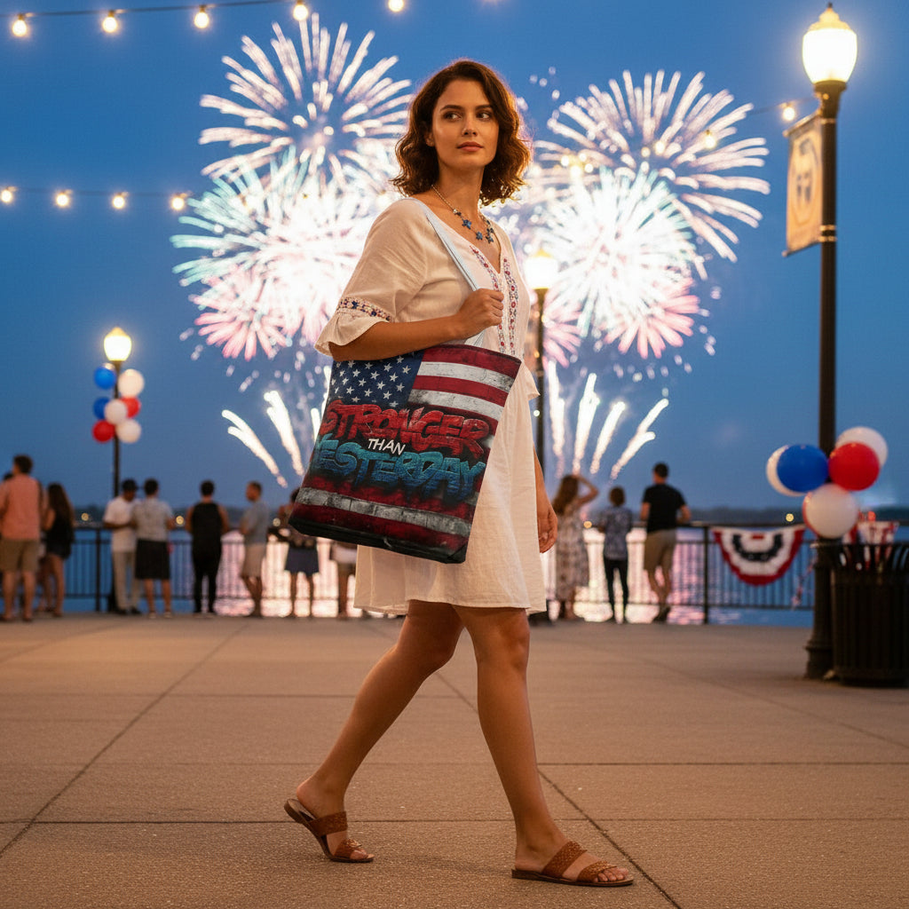 Woman holding a bag with an American flag and a "Stronger Than Yesterday design against a backdrop of fireworks.