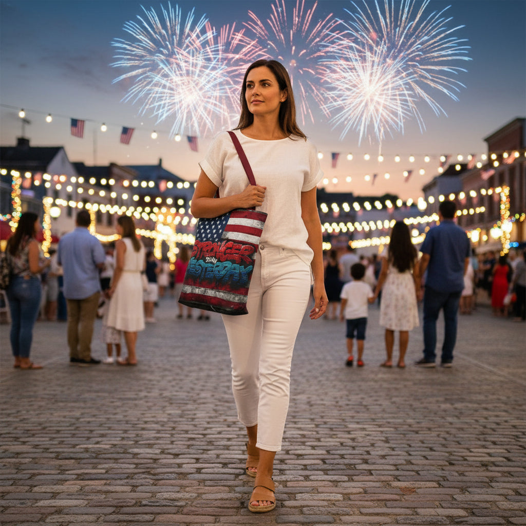 A woman walking on a street holding a tote bag that says Stronger Than Yesterday with fireworks in the background.