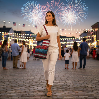 A woman walking on a street holding a tote bag that says Stronger Than Yesterday with fireworks in the background.
