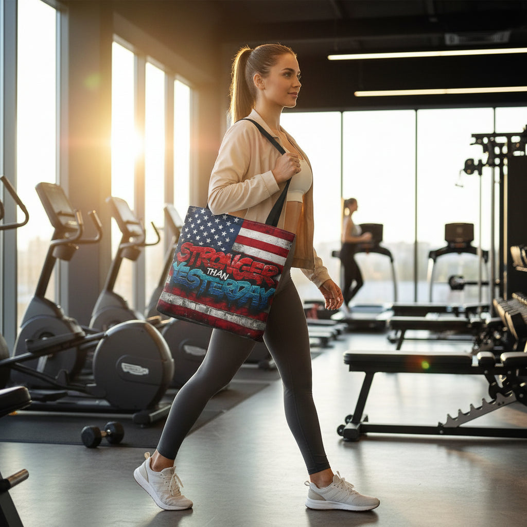 Woman walking in a gym with a Stronger Than Yesterday American flag tote bag.