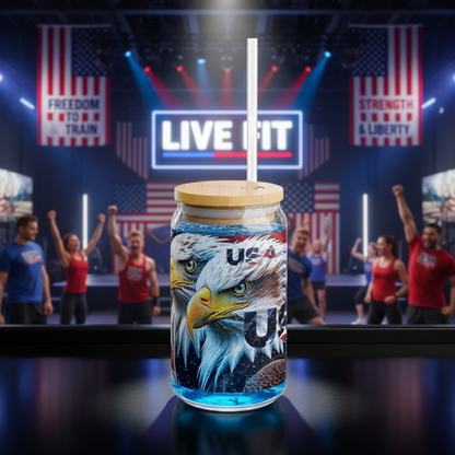 Patriotic Bald Eagle Sipper Glass - 16oz with Bamboo Lid & Straw - USA Gift