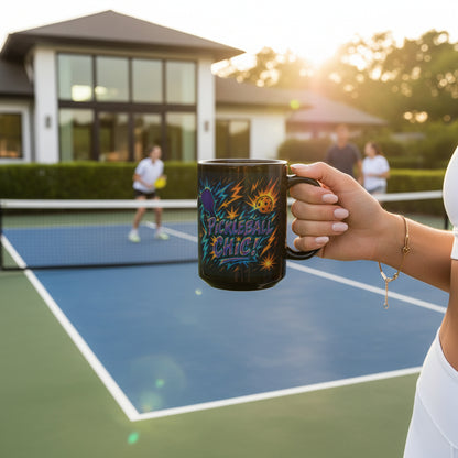 A black mug with a colorful pickleball design and 'Pickleball Chic!' text held by a female with a pickleball court in the background.