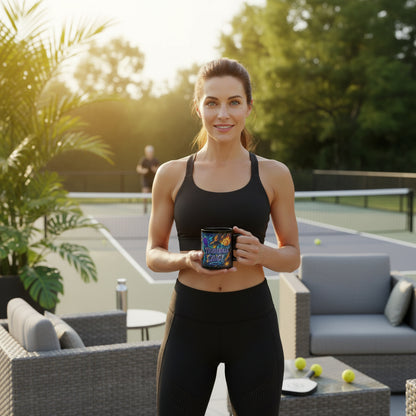 Woman holding a mug with a 'Pickleball Chic!' design with a pickleball court background.