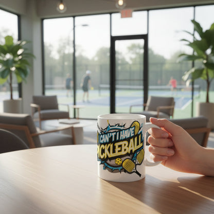 Person holding a mug with pickleball design in a room with large windows showing an outdoor pickleball court.