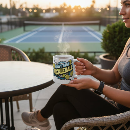 Person holding a mug with "I Can't I Have Pickleball" text by a tennis court.