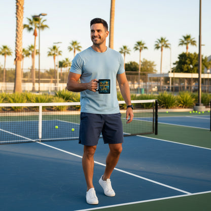 Man holding a coffee mug with a pickleball design and 'Pickleball is Life!' text on a pickleball court.