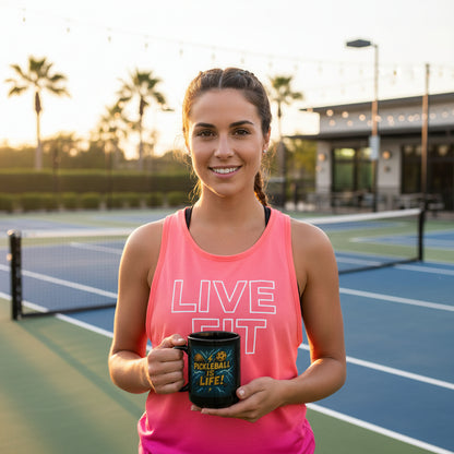 A woman holding a coffee mug that says Pickleball Is Life! on a pickleball court, wearing a 'LIVE FIT' tank top.