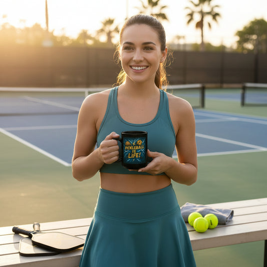 A woman holding a mug with 'Pickleball is Life!' text with a pickleball court background.
