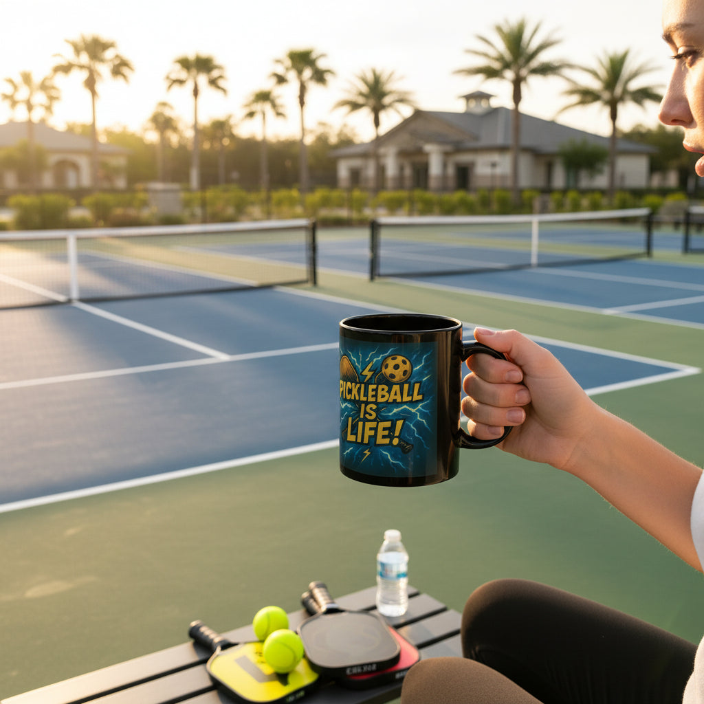 Black mug with pickleball design and 'Pickleball is Life!' text with a pickleball court background.