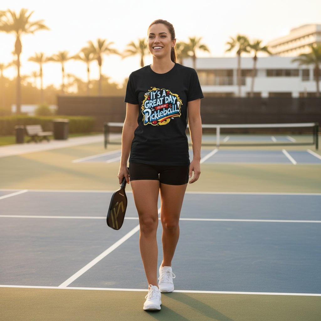 A woman playing pickleball on a court wearing a black t-shirt that says It's A Great Day To Play Pickleball! with palm trees in the background