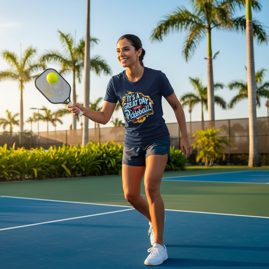 A woman on a pickleball court wearing a navy-colored t-shirt featuring an 'It's a Great Day To Play Pickleball!' text design.