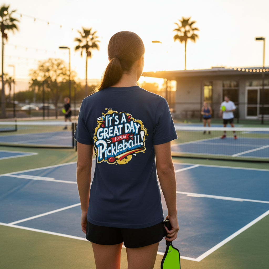 A woman on a pickleball court wearing a navy-colored t-shirt featuring an 'It's a Great Day To Play Pickleball!' text design.