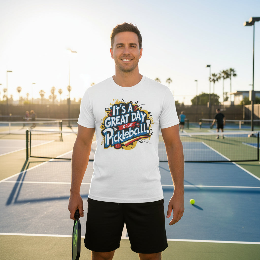 A man on a pickleball court wearing a white-colored t-shirt featuring an 'It's a Great Day To Play Pickleball!' text design.