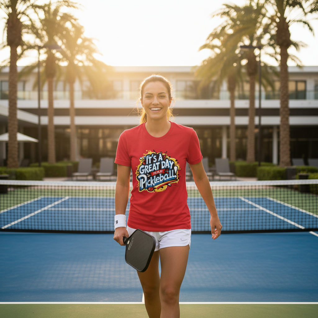 Woman in a red 'It's a Great Day for Pickleball' shirt standing on a pickleball court with palm trees in the background.