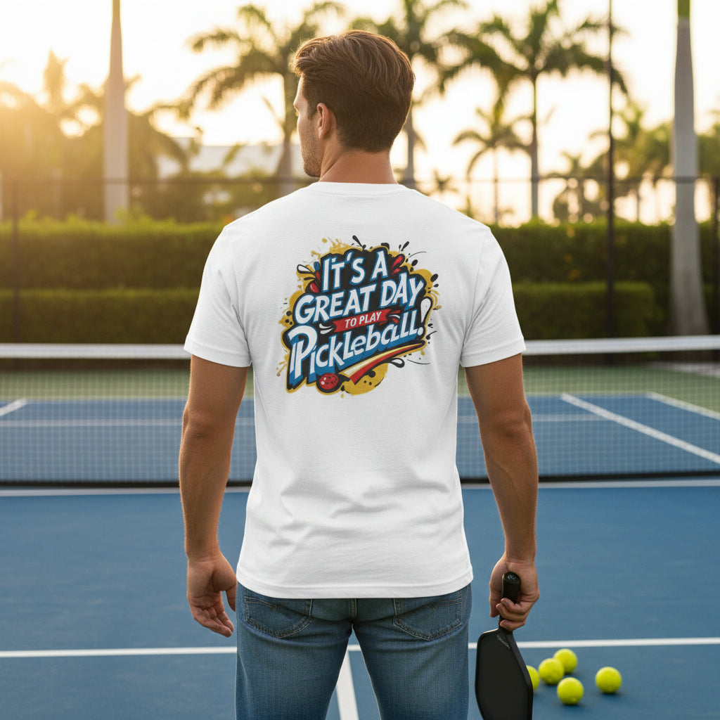 A man on a pickleball court wearing a white-colored t-shirt featuring an 'It's a Great Day To Play Pickleball!' text design.